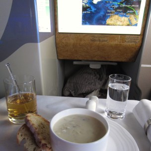 Emirates Business Class with Clam Chower over Iceland
